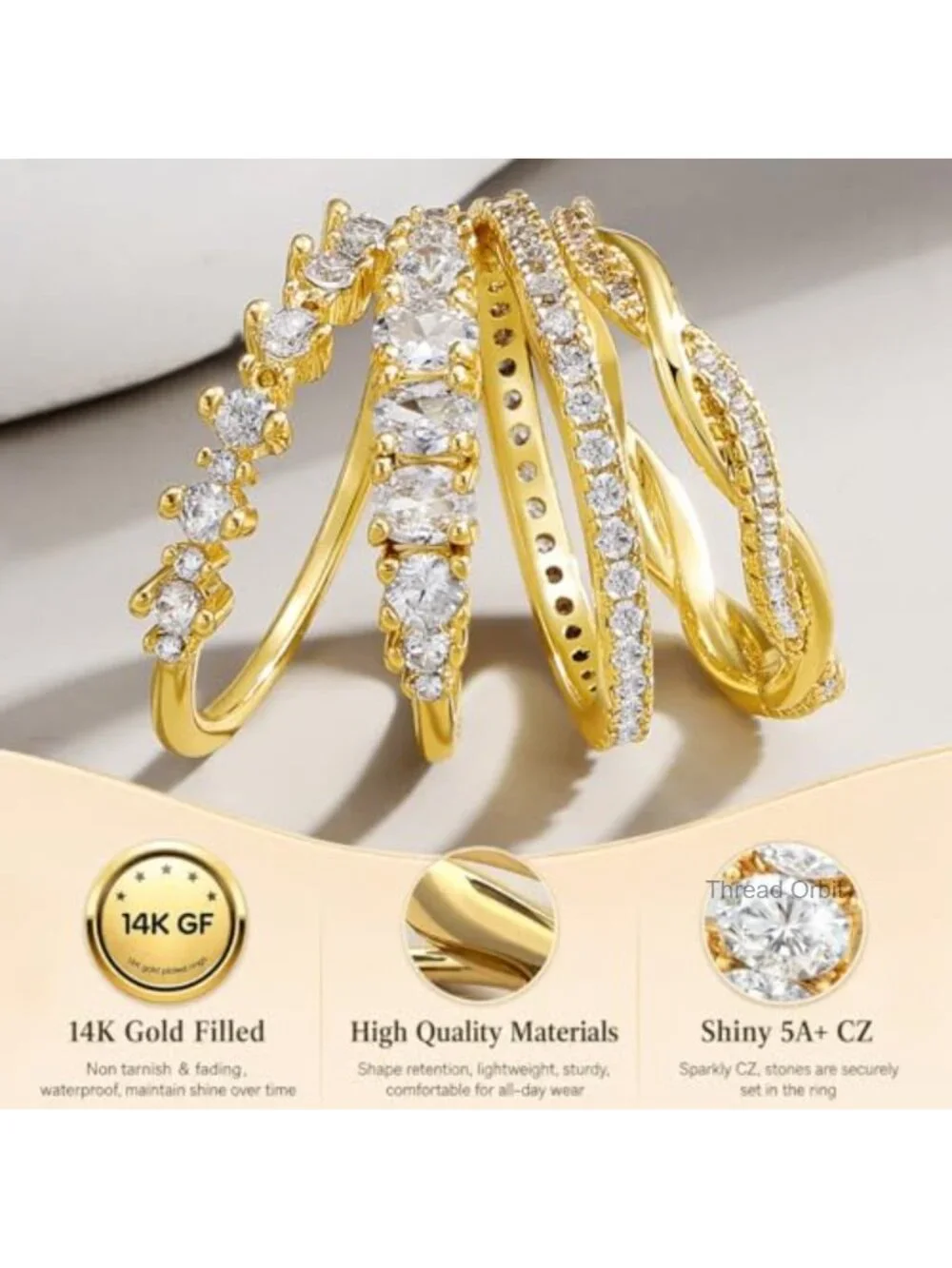 8 Pcs Stackable Rings Set 14K Gold Plated Cubic Zirconia Dainty Statement